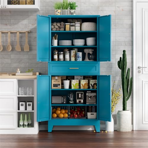 Image of 71 inch Tall Farmhouse Pantry Cabinet,Metal Cabinet with Adjustable Shelves and Doors,Storage Cabinet for Kitchen Garage,Blue 1 Pack