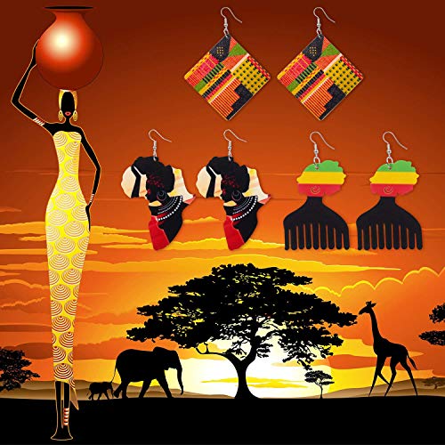 Hicarer 12 Pairs African Map Wooden Earrings African Women Dangle Earrings Natural Ethnic Earrings (African Afro Styles)2