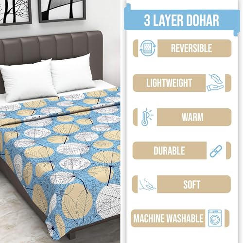 Image of Divine Casa Glace Cotton 120 GSM Reversible Soft and Cozy Lightweight Printed Double Bed AC Dohar Blanket for Mild Winter Quilt - (Green and Turquoise Blue, 205 x 220, CM)| TC - 120