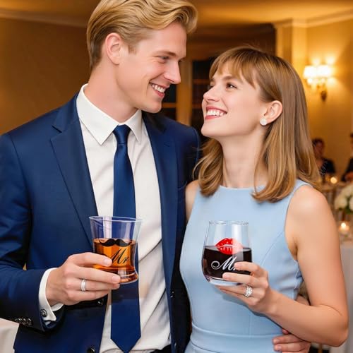 LIGHTEN LIFE Wedding Engagement Gifts for Couples, Bridal Shower Gift for Bride and Groom Newlyweds, Anniversary Mr and Mrs Whiskey Wine Glasses Set with Appron - Image 6