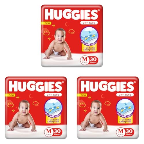 Image of Huggies Dry Tape | Adjustable Tape Style Diapers, Medium (M) Size (7-12 Kgs), Pack of 90 | Up To 2X Faster Absorption, Up To 12 Hours Overnight Absorption