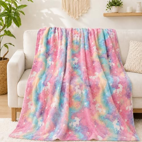 LXTOPN Kuscheldecke Kinder, Einhorn Decke Leuchtet im Dunkeln, Dinosaurier Decke, Flanell Wohndecke für Jungen und Mädchen