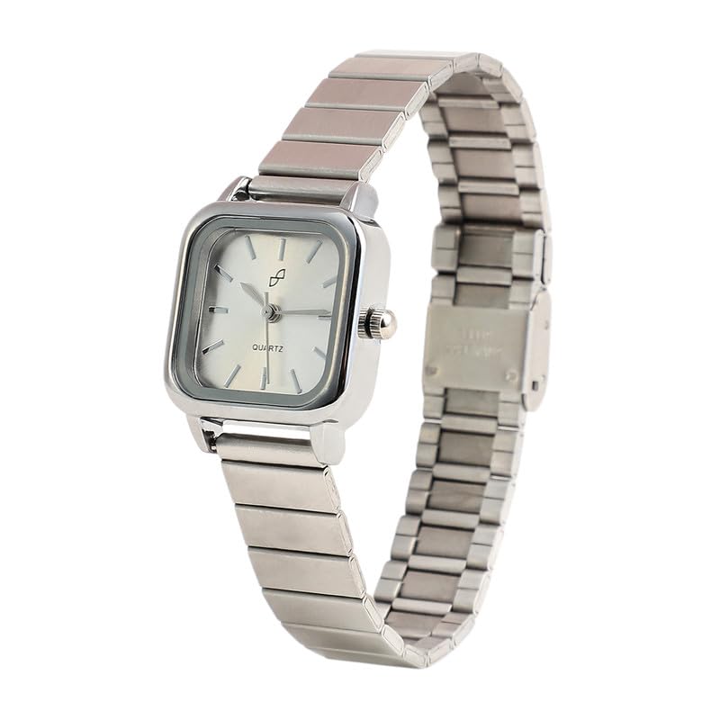 Image of Haute Sauce Women's The Downtown Chain Square Watch | Silver Stainless Steel Strap | Metallic Silver Dial | One-Size | Foldover Closure | Quartz | Battery | Wrist Belt Watch for Female and Girls