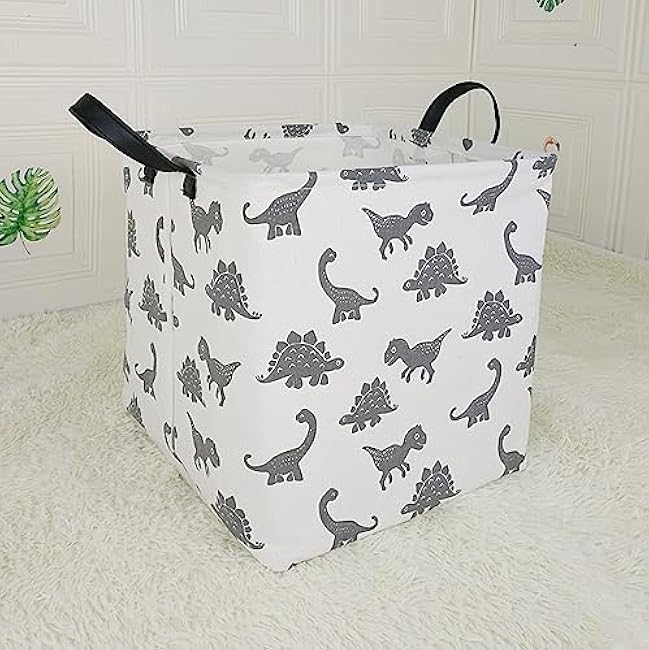 Square Storage Bin Canvas Fabric Storage Basket, Waterproof Coating Toy Organizer with Handles, Gift Basket for Home, Office, Clothes, Toy, Shelf Basket (Square Gray Dinosaur)
