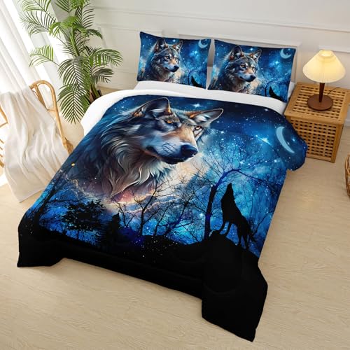 Image of Wolf Comforter Set King for Boys Girls,Wolf Night Moon Galaxy Bed Set,Woodland Wild Animals Theme Comforter Set with 2 Pillowcase,Rustic Blue Black Bedding Set for Bedroom Decor