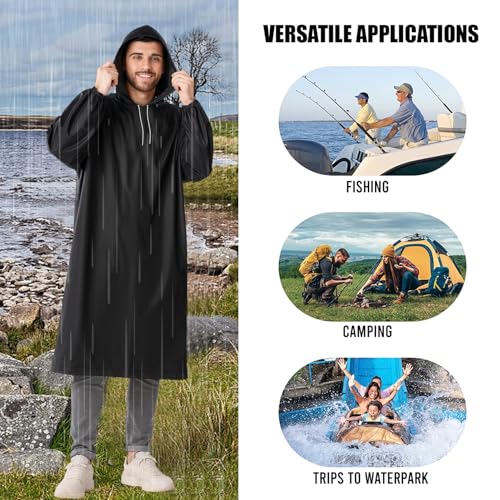 Image of HACER EVA Raincoat 110 GSM with Adjustable Hood Full Sleeves Universal Size Long Length Lightweight Waterproof Outdoor Rainwear for Camping Trekking Hiking Men & Women (Pack of 1, Black)