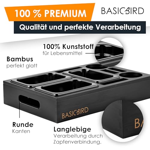 BASICBIRD® Couchbar Snackbox - Organizer Tablett- Snackspender mit 3X Snackschale - Holz Sofatablett für Sofa, Deko, Couch Bar mit Getränkehalter und Fächern – Wohnmobilausstattung (Black Edition)