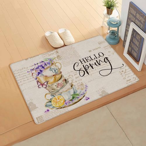 Lavender Flowers Antifatigue Kitchen Bath Door Mat Cushioned Runner Rug,Washable Welcome Floor Sink Mat,Waterproof & Non-Slip Kitchen Standing Doormat,Vintage Brown Teacup Spring Summer Lemon 18