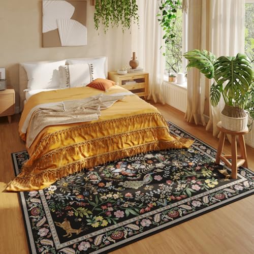 Living Room Rug 6x9 Rug Machine Washable Area Rug Floral Non-Slip Low Pile Large Rug for Living Room, Bedroom, Farmhouse, Dining Room, Kids Playroom (Vibrant Black)