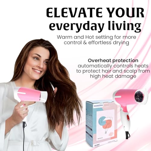 Image of GUSTTO Foldable Hair Dryer 1100W | Compact Travel-Friendly Hair Dryer with Foldable Handle, Hanging Ring, 2 Heat & Speed Settings, Lightweight & Portable (Dazzling Pink), BIS Certified