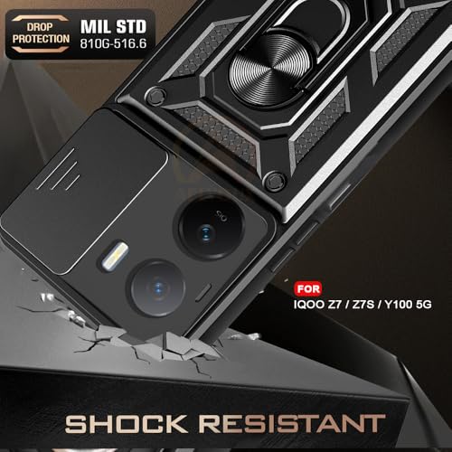 Image of Armor Bumper Back Cover Case for IQOO z7 Rotating Camera Cover, Ring Holder & Kickstand | Heavy Duty & 360 Degree Protection IQOO z7 Back Cover (Black)