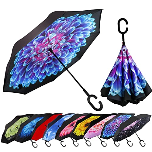 Image of MRTLLOA Double Layer Inverted Umbrella with C-Shaped Handle, Anti-UV Waterproof Windproof Straight Umbrella for Car Rain Outdoor Use (N-Orchid)