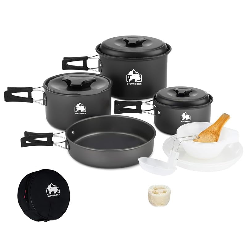 Image of BISONBERG 12 Pcs Camping Cookware Set, Mess Kit, Camping Accessories for Outdoor, Camping Utensils with Carry Bag, Camping Bowl Pot Pan Set - Nonstick Aluminum - for 4-5 People Without Kettle