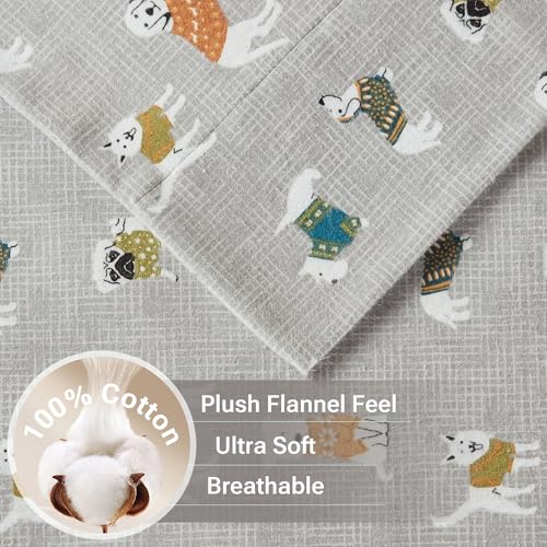 True North by Sleep Philosophy Cozy Flannel Warm 100% Cotton Sheet - Novelty Print Animals Stars Cute Ultra Soft Cold Weather Bedding Set, Twin, Grey Dogs 3 Piece