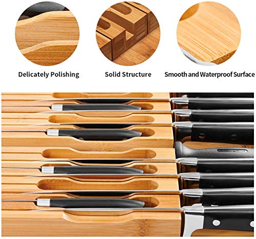 Utoplike In-Drawer Bamboo Knife Block, Drawer Knife Set Storage, Knife Organizer And Holder With Slots For 16 Knives And 1 Sharpening Steel (Not Included)-Kitchen Drawer, Counter Top #TOP1