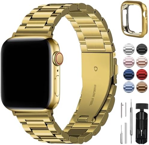 Fullmosa Compatible with Apple Watch Straps Series 9 8 7 45mm Ultra 49mm Series 6 SE/SE2 5 4 44mm Series 3 42mm Metal Stainless Steel Replacement iWatch Bands Silver & Protective Case