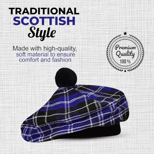 Image of Scottish Tam O' Shanter Hat Tartan Bonnet Pom Pom Wool Flat Cap One Size
