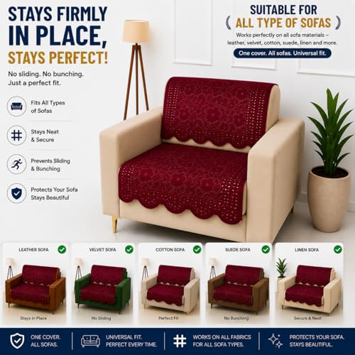 Image of Homerz Premium 'Surya Series' Sofa Cover | Stylish Sofa Protector | Net Fabric | Anti-Stain & Washable Slip Cover Exact Size Antislip (Flower Valley Maroon, 1 Seater, Seat Cover with Backrest)