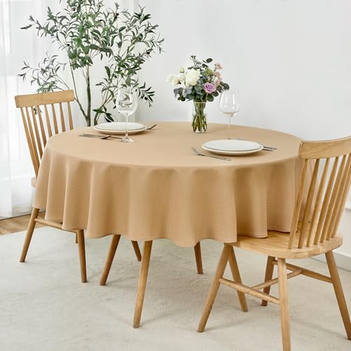 Image of maxmill Round Weaved Texture Design Tablecloth Spill-Proof Wrinkle Free Soft Washable Table Cloth for Circular Table Cover, for Dining Room Buffet Banquet Parties Holiday Dinner, 70 Inch Beige