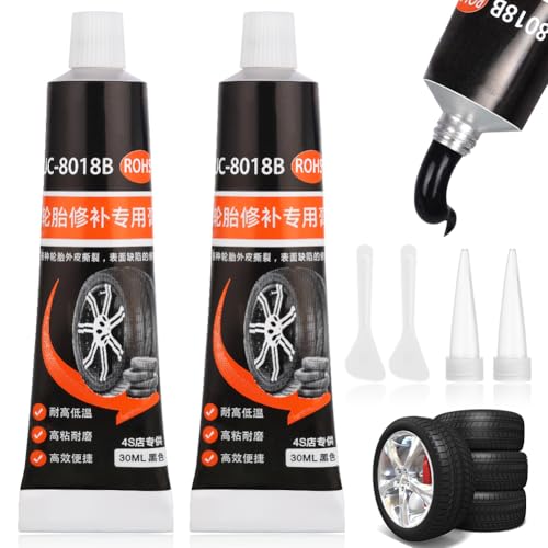 Flintronic Colla per Riparazione Pneumatici, 2 Pezzi Sigillante Pneumatici Auto,con Ugello e Raschietto Riparazione Rapida di Crepe e Buchi nei Pneumatici, per Bici/Moto/Auto-30ml