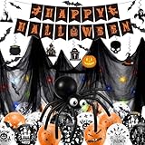 Funnity Halloween Deko Set, Halloween Banner, 5 Meter lange bunte LED-Lichterkette, 1.5 x 2 m Schwarze Gaze,Spiralen Deckendeko, Fledermaus Deko, Gruselige Luftballons, Gruselig Party