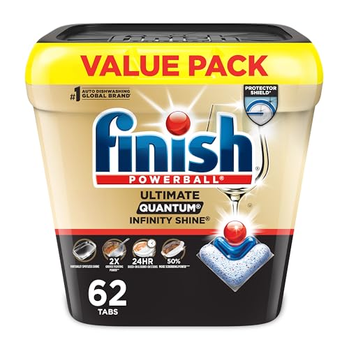 Finish Ultimate Infinity Shine Dishwasher Pods, No Pre-Rinse Dishwasher Detergent Soap Removes Burnt-On Stain, with Protector Shield & CycleSync Technology, Degreasing & Scrubbing Power, 62 Count