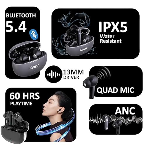Image of Earbuds Truly Wireless Bluetooth with ANC, 60HRS Playback, 4 ENC Quad Mics, 40ms Low Latency for Gaming, Noise Cancelation, Type-C Fast Charging, Bluetooth 5.4, IPX5, Ear Buds TWS (Iconic Grey)
