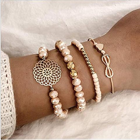 Cathercing Beads Bracelet Set for Girls Boho Women Jewelry Bracelet Link Chain with Flower Pendant Bracelet Anklet Set Handmade Daily Jewelry Gift for Teen Girls (4 Pack) Cover