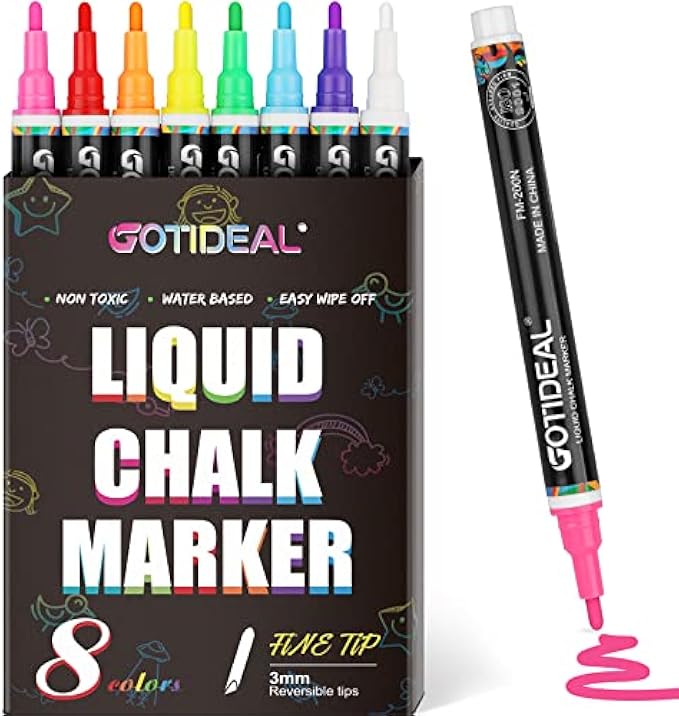GOTIDEAL Liquid Chalk Markers, Fine Tip 8 Colors Washable Window Chalkboard Glass Pens, Paint and Drawing for Car, Blackboard, & Bistro,Kids and Adults, Non-Toxic,Wet Erase - Reversible Tip