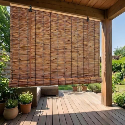 Bambusrollo Wetterfest Aussen Schilfrohrrollo Natur Sonnenschutz Sichtschutz Rollo Outdoor für den Balkon Fenster Rollos für Innen Jalousien Sichtschutz Bambus(Karbonisiert 120W x 80H cm)