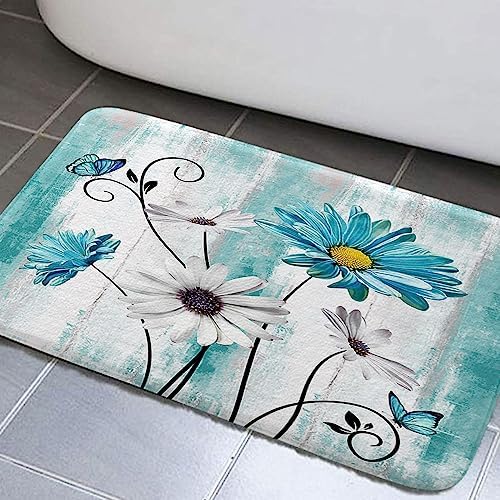 Teal Floral Bathroom Rugs, Rustic Farmhouse Floral Bath Mats Farm Style Teal Daisy