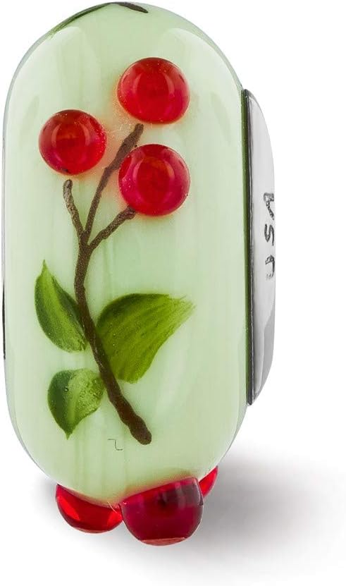 Bead Charm White Sterling Silver Glass Reflections Green Hand Painted Cherries Fenton