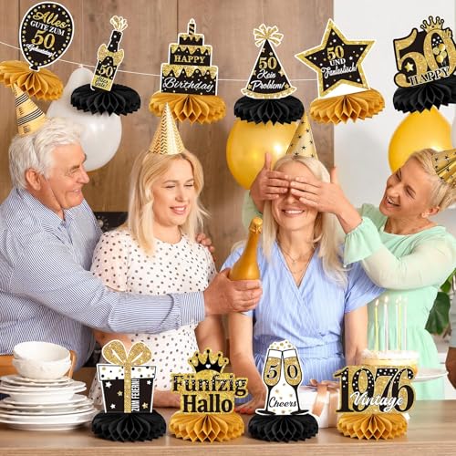 JULMELON 50.Geburtstag Tischdeko,10 Stück 3D Bienenwabe Deko Schwarz Gold 50 Geburtstag Deko für Männer Frauen Tischdekoration Party