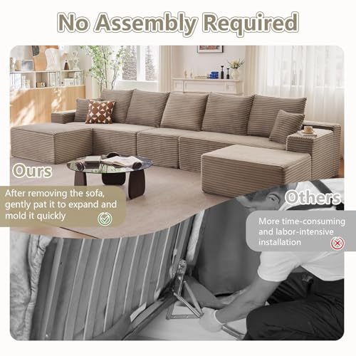 Image of 167.7 inch Sectional Cloud Couch for Living Room, Stupendous U Shaped Sofas, Modular Floor Deep-Seat Sofa, Big Comfy Corduroy Couches Set with Fluffy Memory Foam, No Assembly Required, Camel