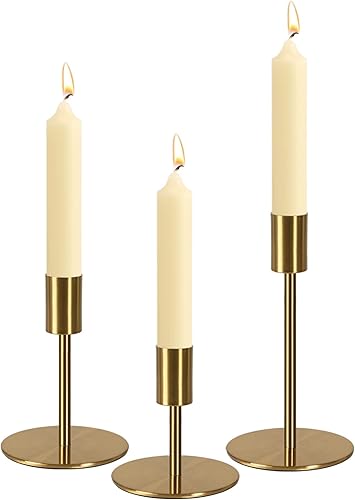 Miniatura 3 de Portavelas cónicos de latón, juego de 3 portavelas con acabado de latón antiguo, moderno candelabro de metal rústico para bodas, mesas de comedor,