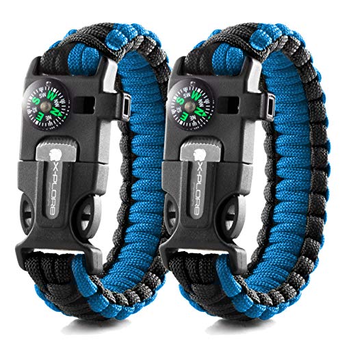 X-Plore Gear Emergency Paracord Bracelets | Set of 2| The Ultimate Tactical Survival Gear| Flint Fire Starter, Whistle, Compass & Scraper | Best Wilderness Survival-Kit - Blue(K)/Blue(K)