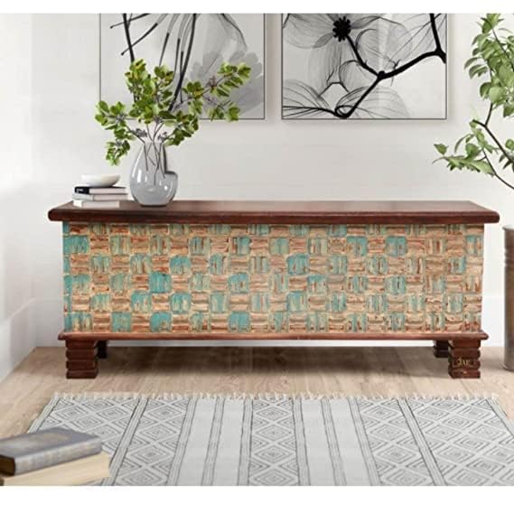 Handcrafted Solid Wood Storage Trunk Chest with Rustic Mosaic Pattern Decorative Blanket Box Toy Storage Chest for Bedroom Living Room Entryway 45 x 120 x 45 cm-image-30
