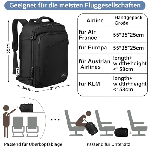 MATEIN 50L Groß Reiserucksack Handgepäck für Flugzeug 55x35x25cm Air France Rucksack Herren Erweiterbar Arbeitsrucksack Wasserabweisend Carry-On Damen Cabin Bag Tagesrucksack für Bussiness, Schwarz