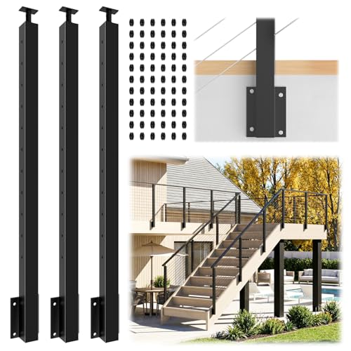 Image of 3 Pack Side Mount Stair Cable Railing Post 36 inch (Post Body 44 inch), Right Side Space-Saving Fascia Mount Deck Post for 36 inch-38 inch Stair Railing, Black Stair Handrail Post for Indoor Outdoor Stairway