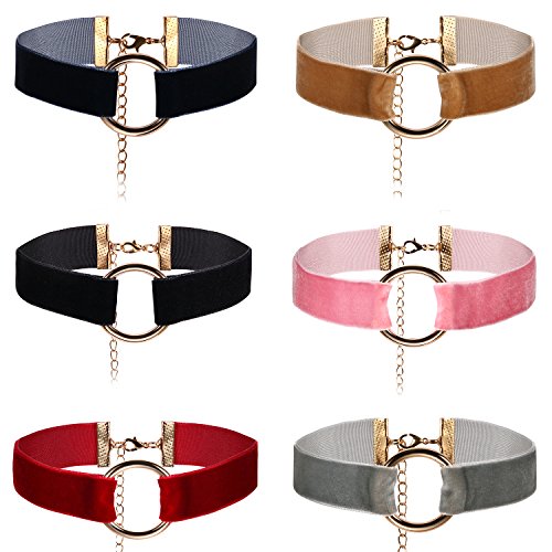 JewelryWe Schmuck Damen Choker Halskette mit O-Ring Anhänger Schwarz Stretch Samtleder Velvet Gothic Halsband Sexy Kette Handarbeit