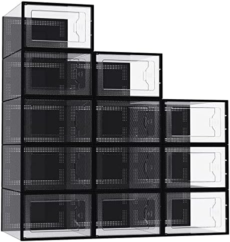 Amassage 12 Pack Shoe Boxes Clear Plastic Stackable, Shoe Storage Boxes, Shoe Organizer for Closet, Space-Saving Shoe Containers Bins (Black)