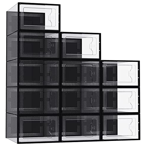 Amassage 12 Pack Shoe Boxes Clear Plastic Stackable, Shoe Storage Boxes, Shoe Organizer For Closet, Space-Saving Shoe Containers Bins (Black) #TOP18