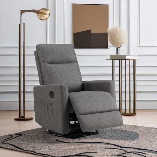 Swivel Recliner Chair, Rocking Chair Nursery, Glider Rocker Recliner, Nursery Chair with Extra Large Footrest for Living Room, High Back, Upholstered Deep Seat (Deep Gray)