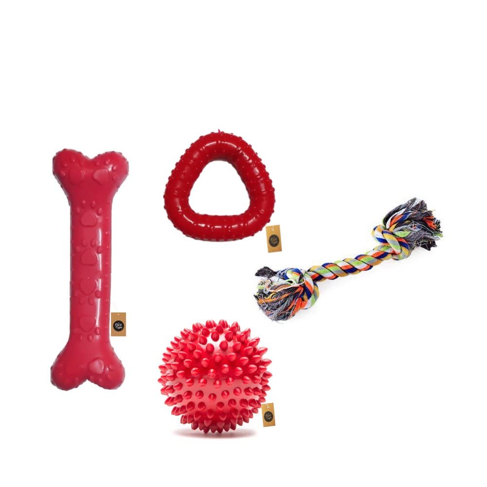 The Pets Company Rubber Dog Chew Toy Combo ( Dog Bone 6" + Dog Spike Ball 3"+ Triangle Toy 5" + Cotton Rope Toy 6") | Chew Toys for Medium & Small Dogs (B0BMLFVG97) Amazon Price History, Amazon Price Tracker