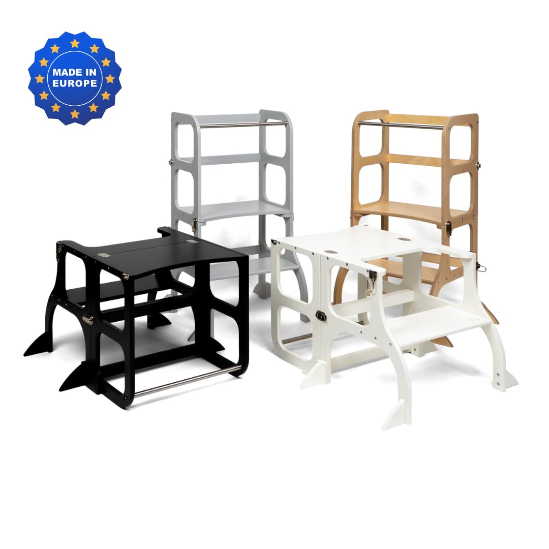 Ette Tete Step’n’Sit® Montessori Torre - Mesa de Aprendizaje Convertible • Multifuncional 2 en 1 • con Patas de Apoyo adicionales (con Cierres de latón Antiguo, Negro)