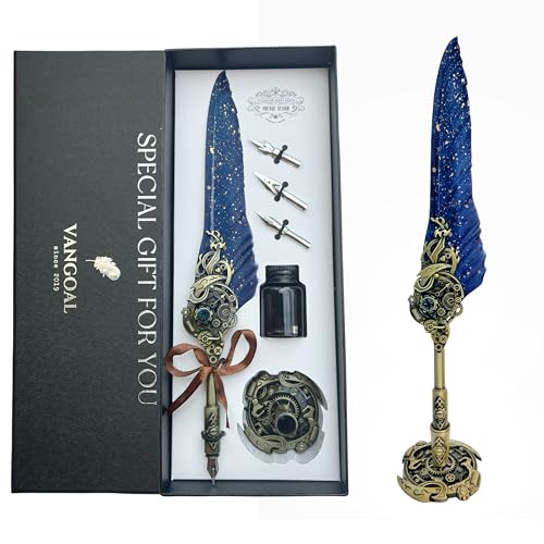 VANGOAL Steampunk Feather Pen and Ink Set with Gift Box, Vintage Quill Pen for Writing, Calligraphy Pen Set for Office Supplies, Birthday, Wedding, Christmas Gift (Blue)