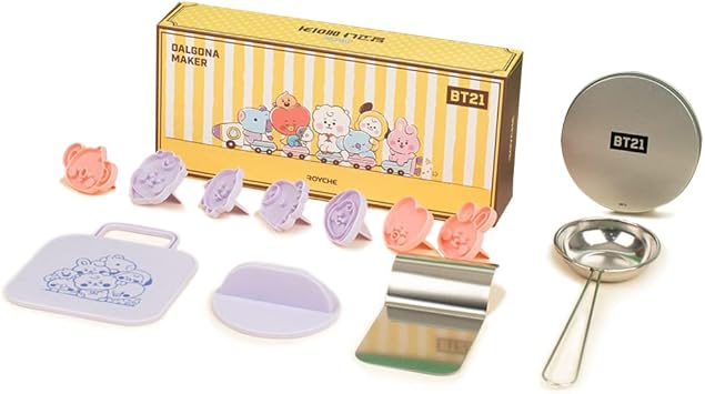 BT21 Squid Biscuits Sugar Pie Game Korean Sugar Candy Making Tools Set DALGONA Kit 7pcs in 1set, Ladle, Shape frame, Press Stainless Steel, bottom plate, Circle case