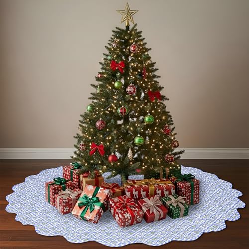 MiniInflat Christmas Tree Skirt Cotton Floral Block Tree Skirt in Nature Color for Home Xmas Party Seasonal Holiday Decoration Indoor Outdoor(60 Inch,Blue) by MiniInflat - Image 4