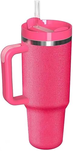 FlowState - Vaso de viaje de acero inoxidable de doble capa de 40 onzas, reutilizable, a prueba de derrames, con asa y tapa con popote (rubí)