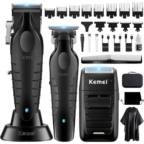 KEMEI Juego de Maquina de Cortar Pelo Hombre y Afeitadoras de Láminas, Cortadoras de Pelo Eléctricas Para Hombres, Inalámbrico Cortapelos, Trimmer con Hoja en T